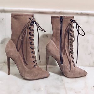Suede taupe mid ankle lace up booties